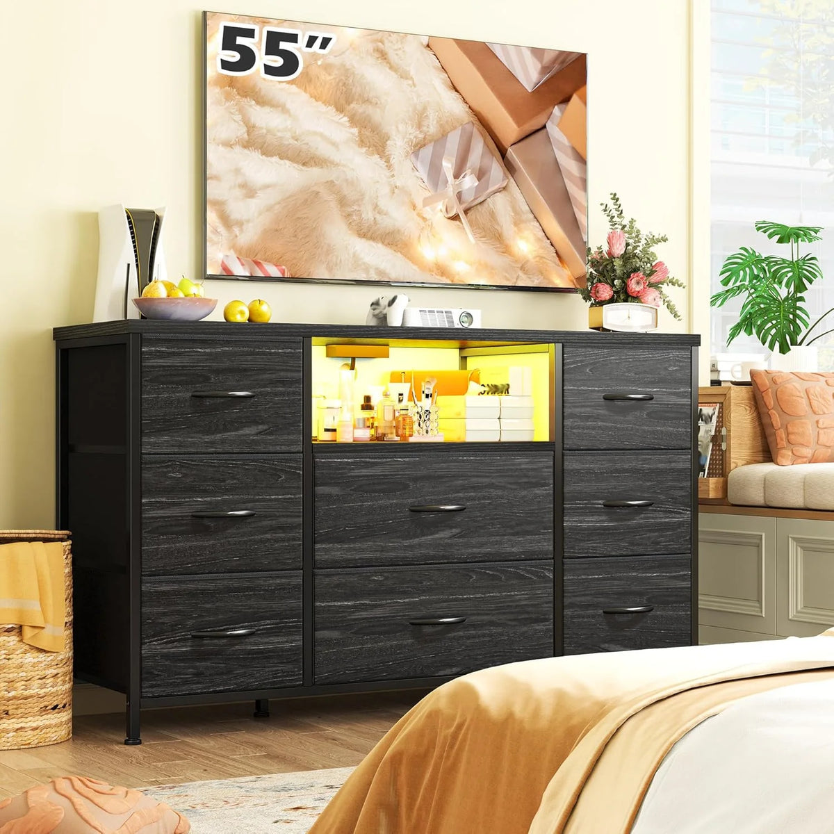 GALAXHERO Dresser With LED Lights Charging Station And Open Shelves