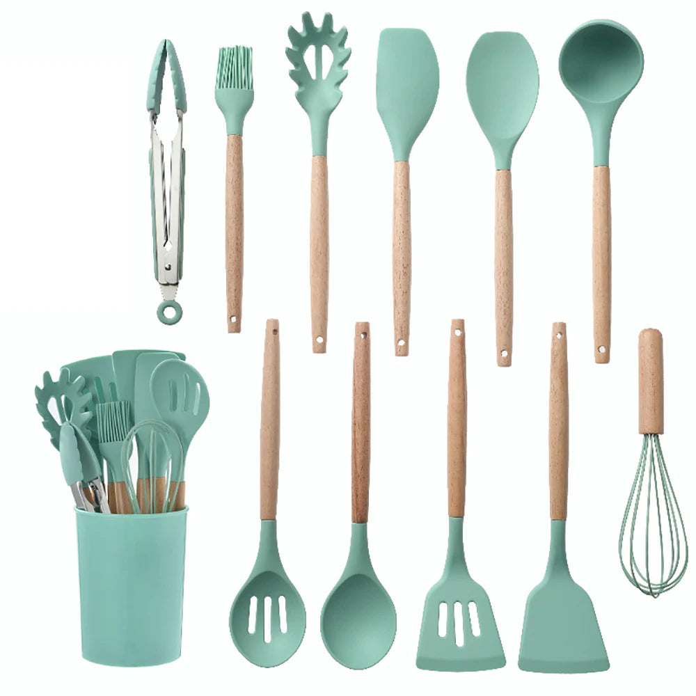 Silicone Kitchen Utensil Set With Wooden Handles For Nonstick Cookware