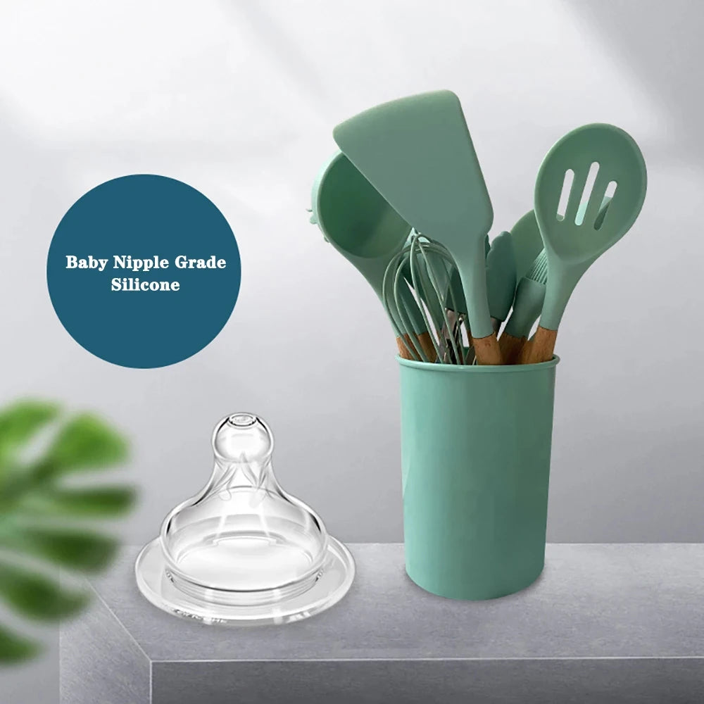 Silicone Kitchen Utensil Set With Wooden Handles For Nonstick Cookware
