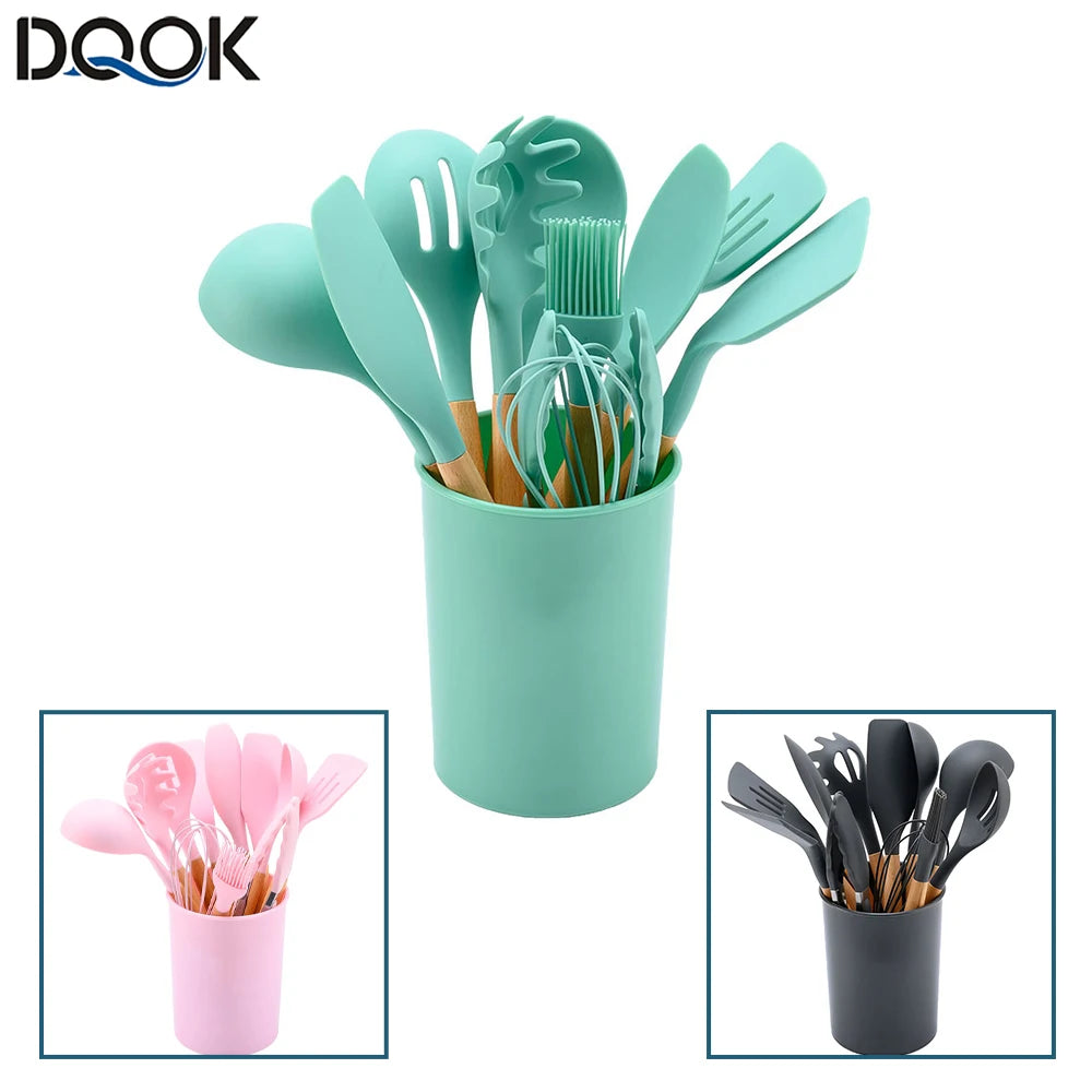 Silicone Kitchen Utensil Set With Wooden Handles For Nonstick Cookware
