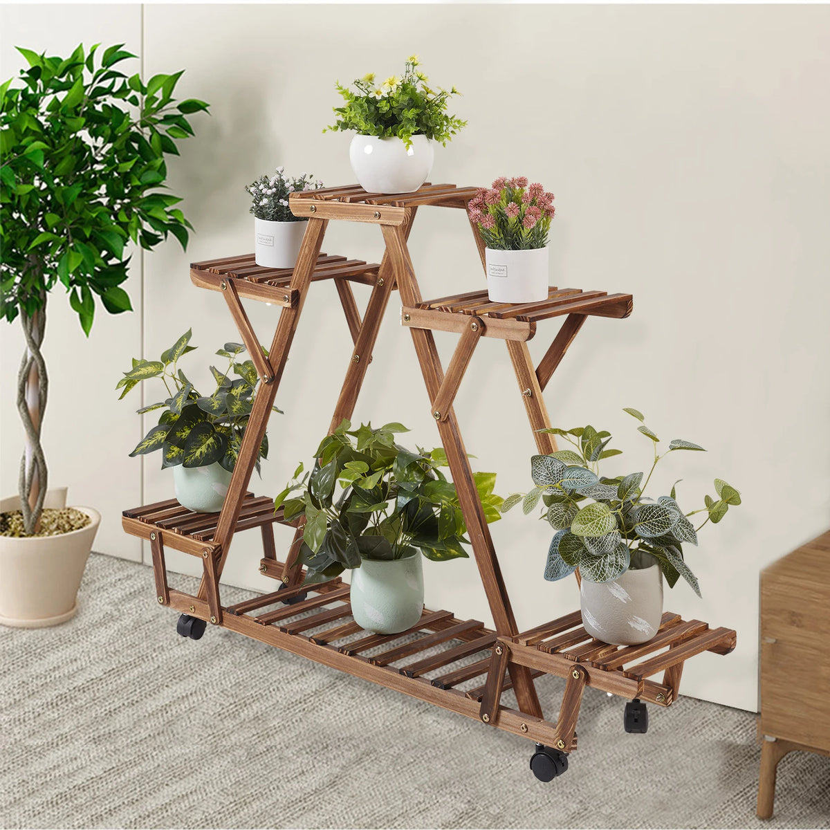 BINGOPAW Triangular Wooden Plant Stand With Multi Tier Shelves