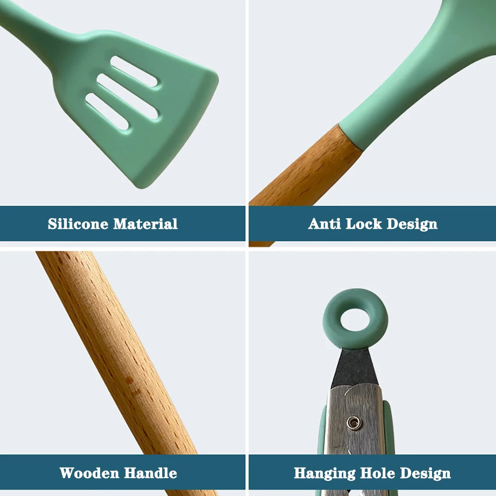 Silicone Kitchen Utensil Set With Wooden Handles For Nonstick Cookware