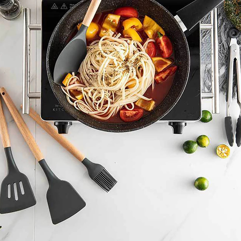 Silicone Kitchen Utensil Set With Wooden Handles For Nonstick Cookware