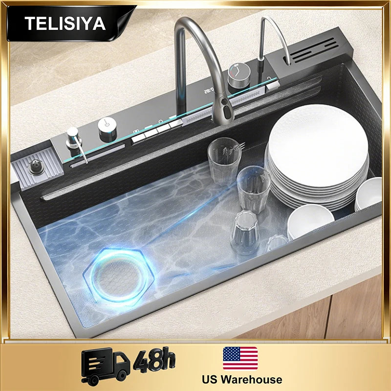 TELISIYA Stainless Steel Kitchen Sink With Waterfall Digital Display