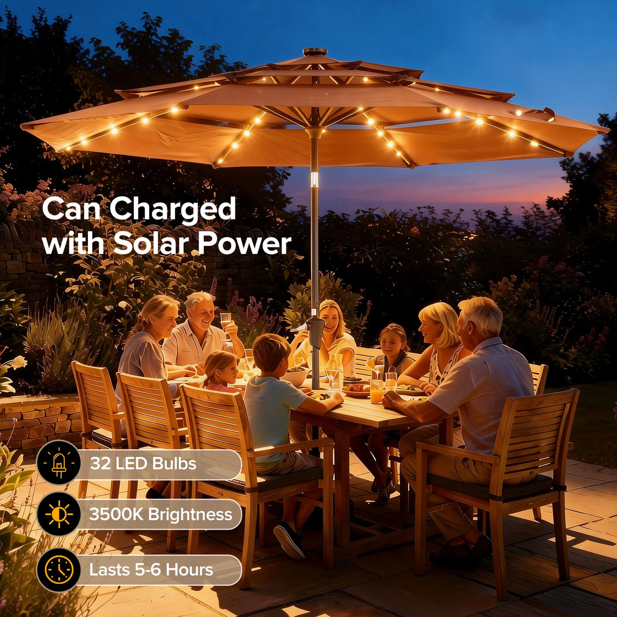 JHK Three Tier Patio Umbrella with LED Lights and Crank