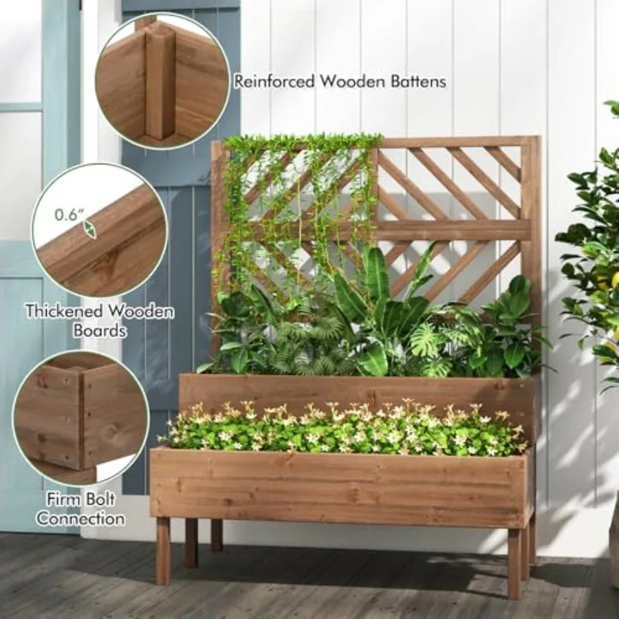 Outdoor Wooden Raised Garden Bed With Trellis And Planter Boxes