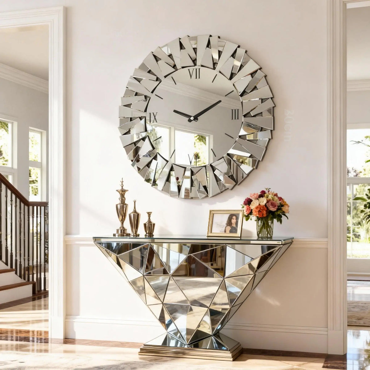 Modern Mirrored Sunburst Wall Clock With Roman Numeral Display