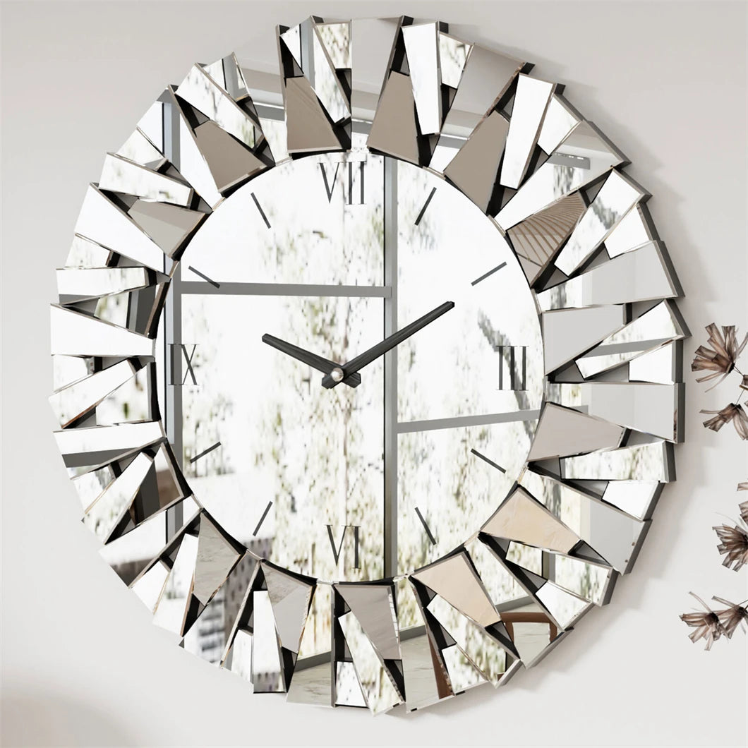 Modern Mirrored Sunburst Wall Clock With Roman Numeral Display