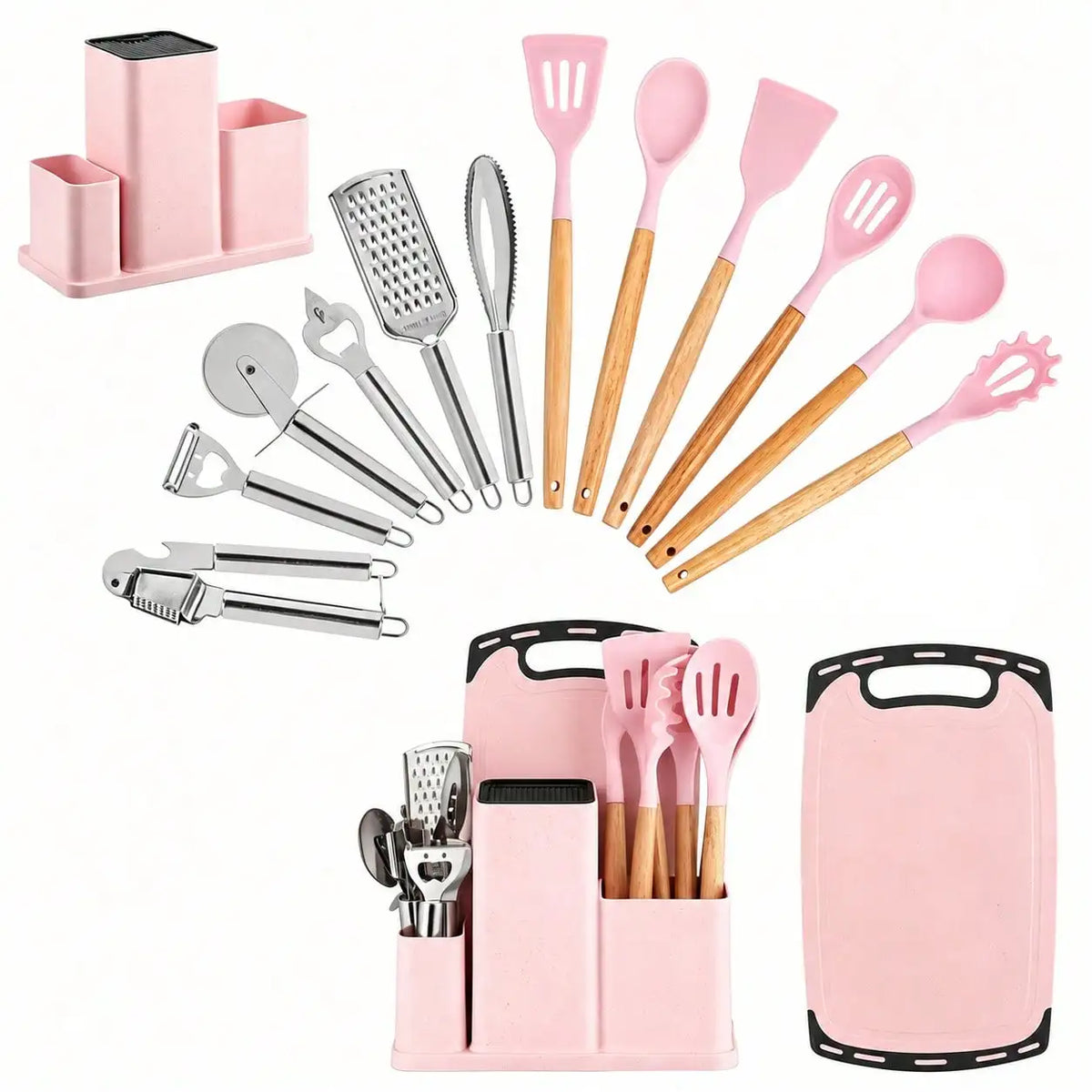 Silicone Cooking Utensil Set With Wooden Handles And Steel Accessories