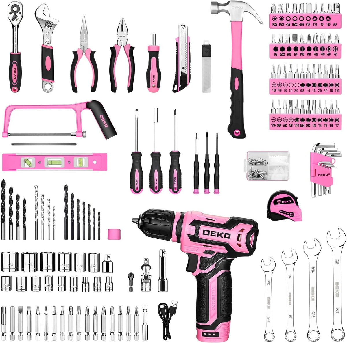 DEKO Mechanic Tool Set With Cordless Drill And Storage Case