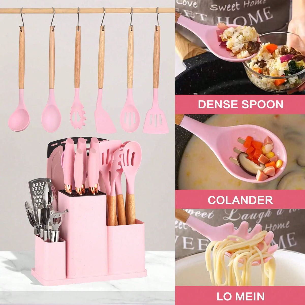 Silicone Cooking Utensil Set With Wooden Handles And Steel Accessories