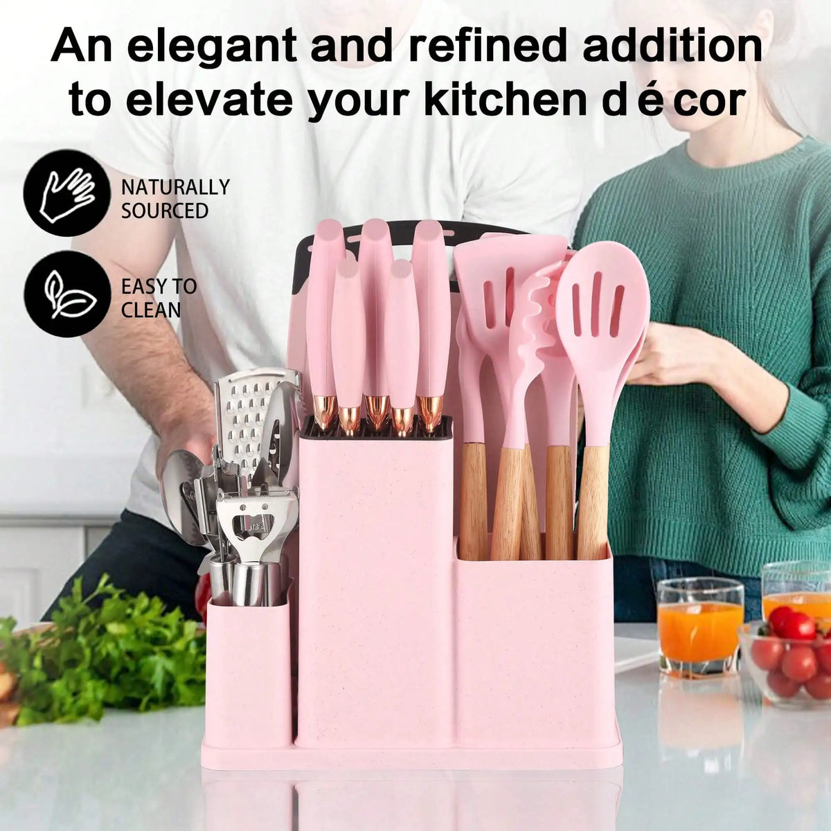 Silicone Cooking Utensil Set With Wooden Handles And Steel Accessories