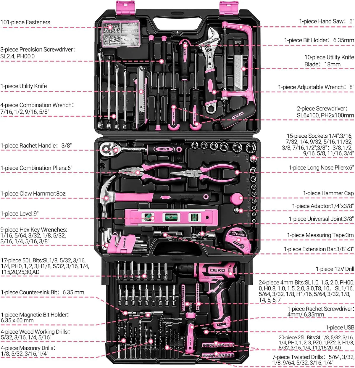 DEKO Mechanic Tool Set With Cordless Drill And Storage Case
