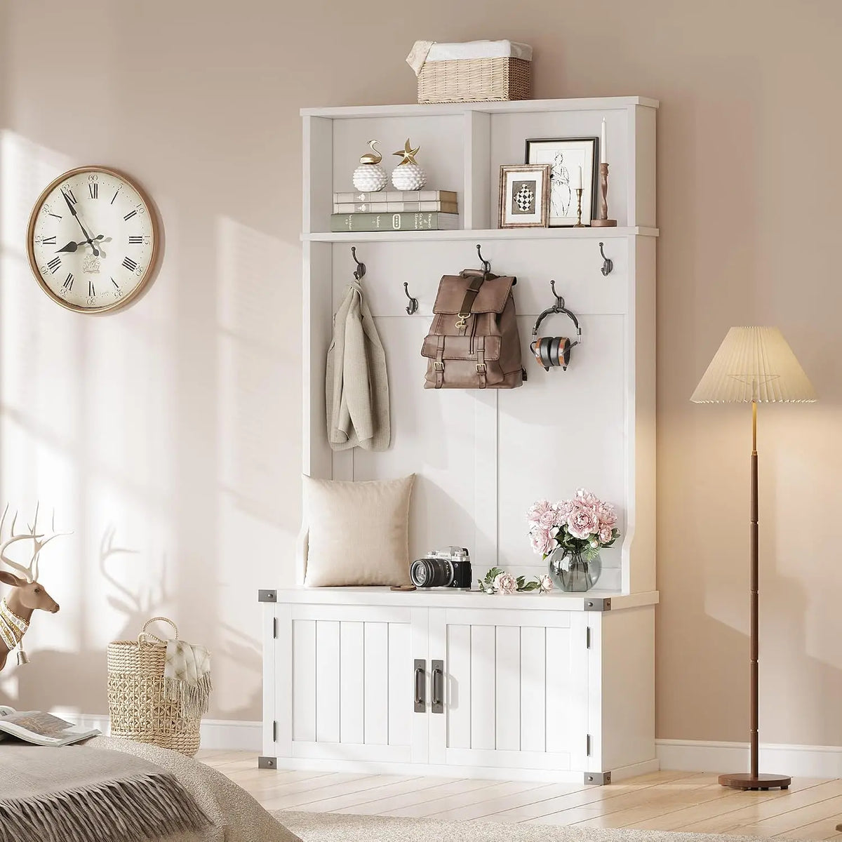 HiMISS Farmhouse Entryway Hall Tree With Bench And Shoe Storage