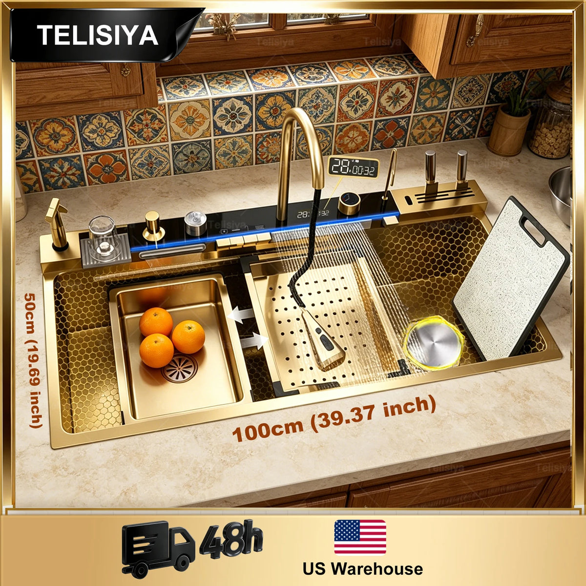TELISIYA Stainless Steel Kitchen Sink With Waterfall Digital Display