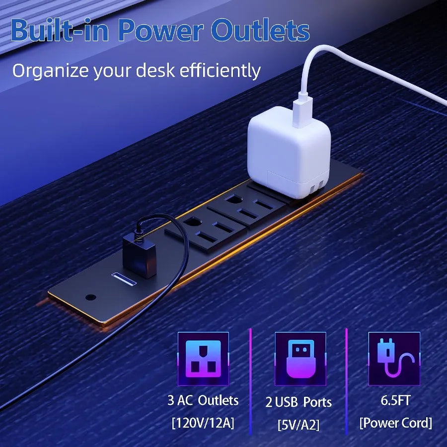 Gaming Computer Desk With Power Outlets And LED Lighting