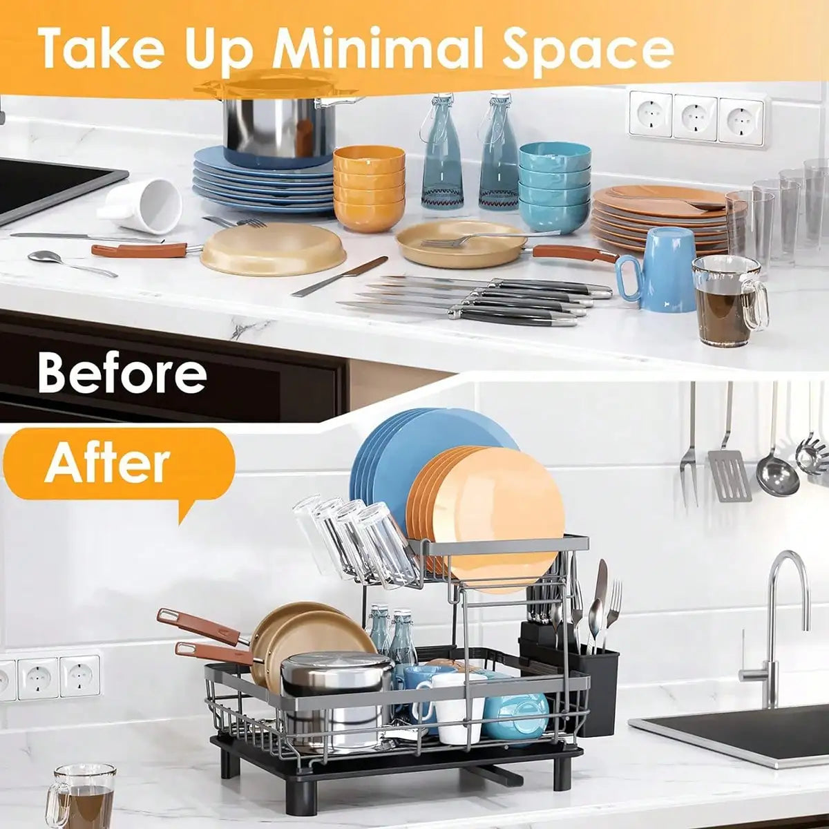 Modern Tiered Dish Drying Rack With Automatic Drainage System