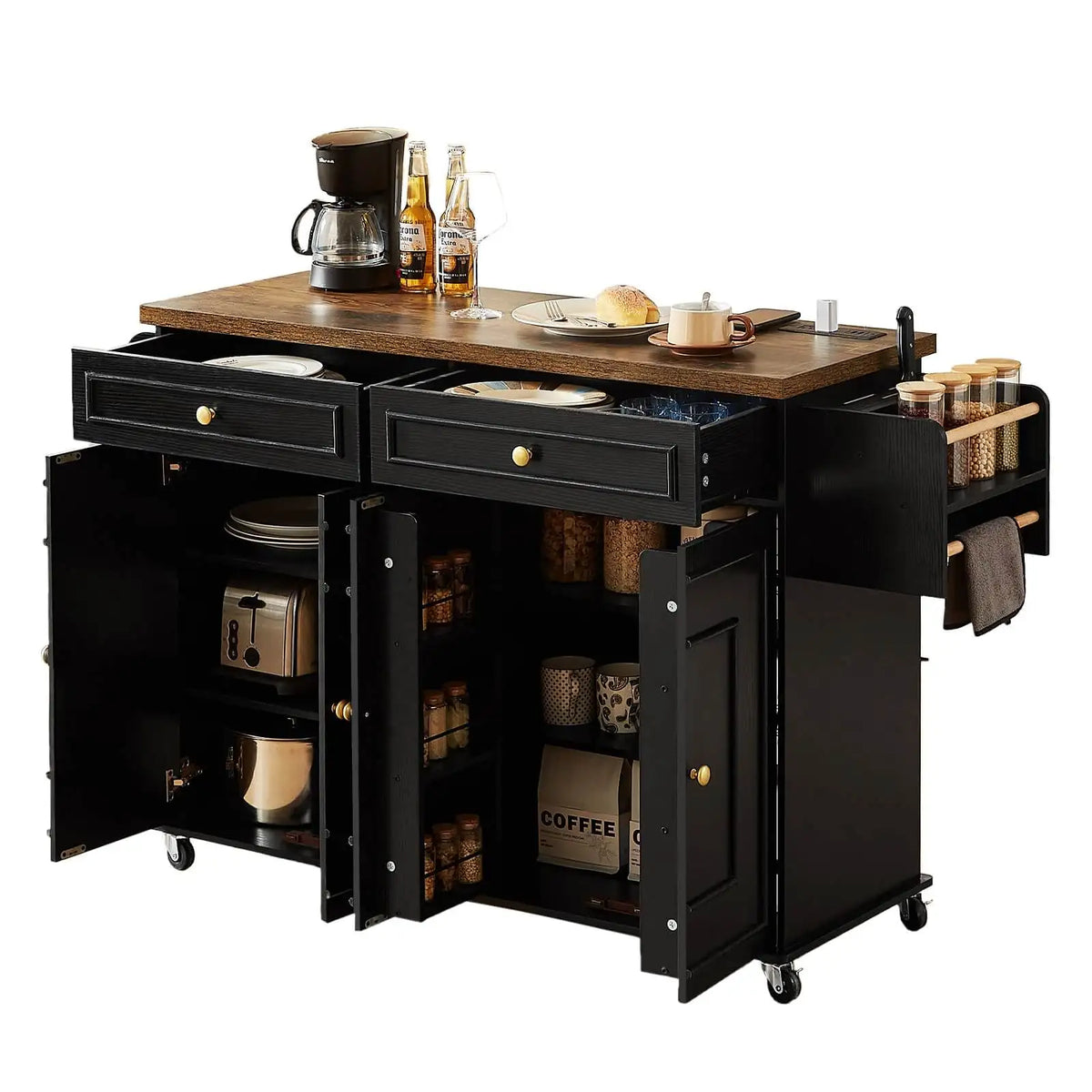 Rolling Kitchen Island Cart With Drop Leaf And Power Outlet