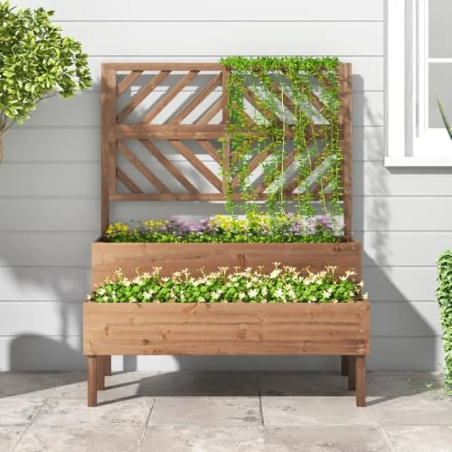 Outdoor Wooden Raised Garden Bed With Trellis And Planter Boxes