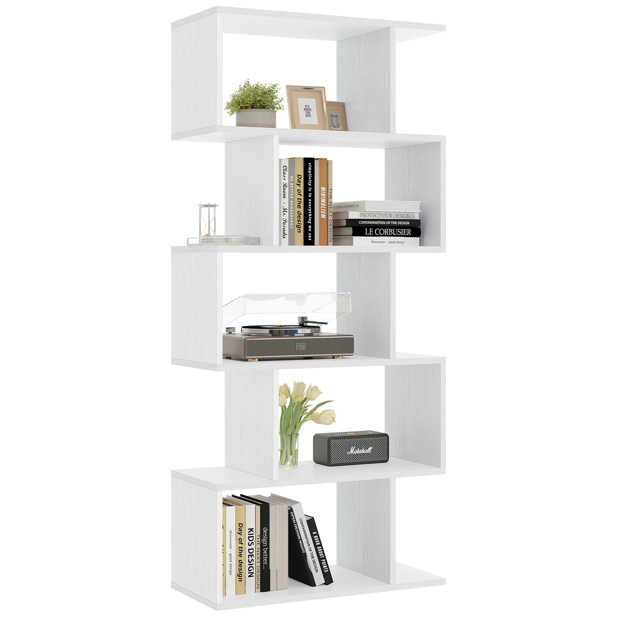JHK Geometric S Shaped Five Tier Wooden Bookcase Display Shelf