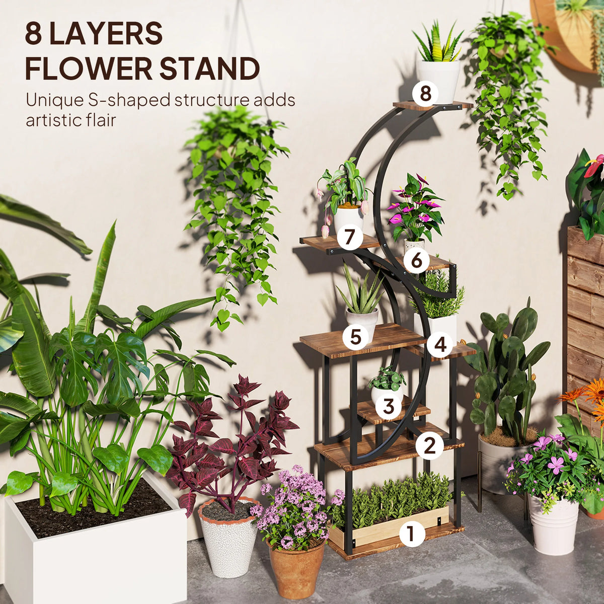 Outsunny Eight Tier S Shaped Metal Corner Plant Stand
