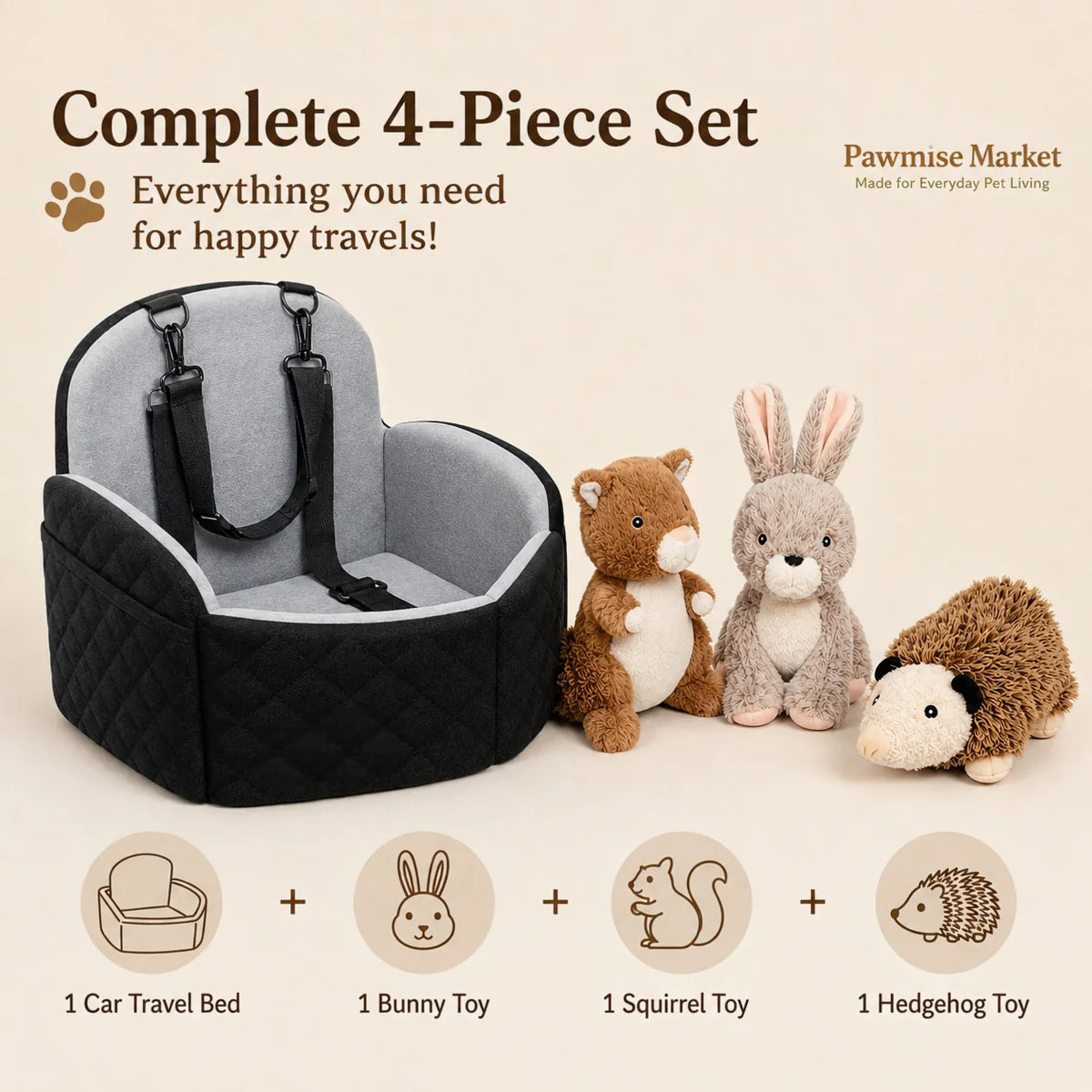 Cozy Dog Car Seat Travel Bed Set With Adjustable Straps