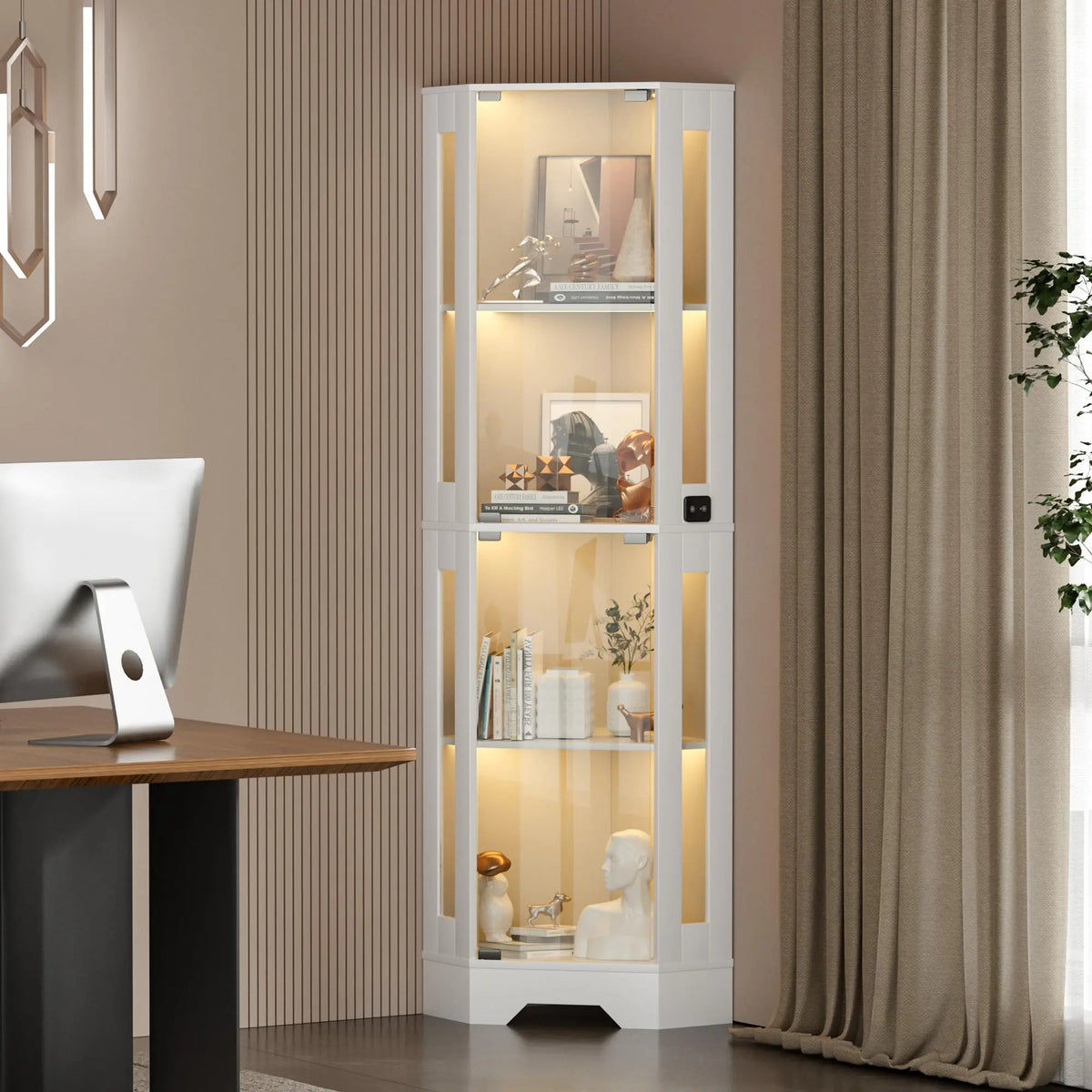 HiMISS Lighted Glass Corner Display Cabinet With Shelves for Collectibles