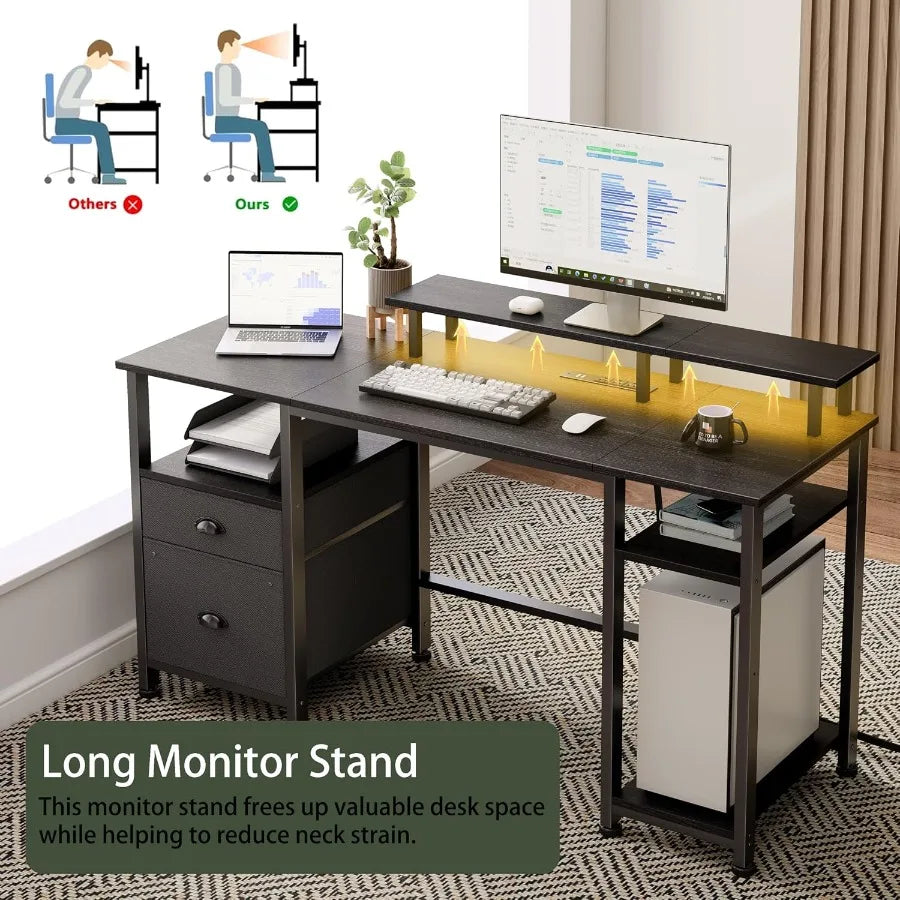 Gaming Computer Desk With Power Outlets And LED Lighting