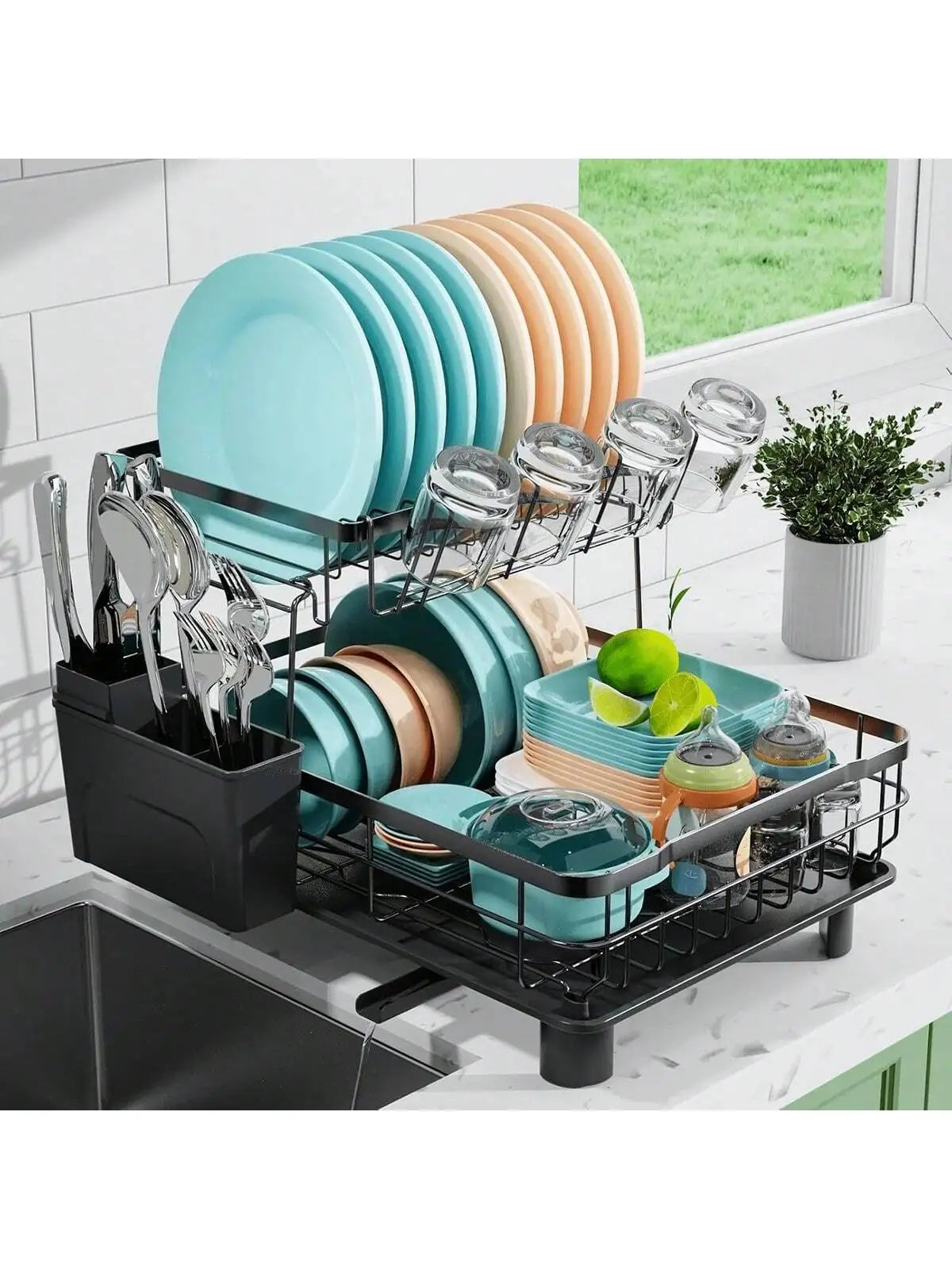 Modern Tiered Dish Drying Rack With Automatic Drainage System