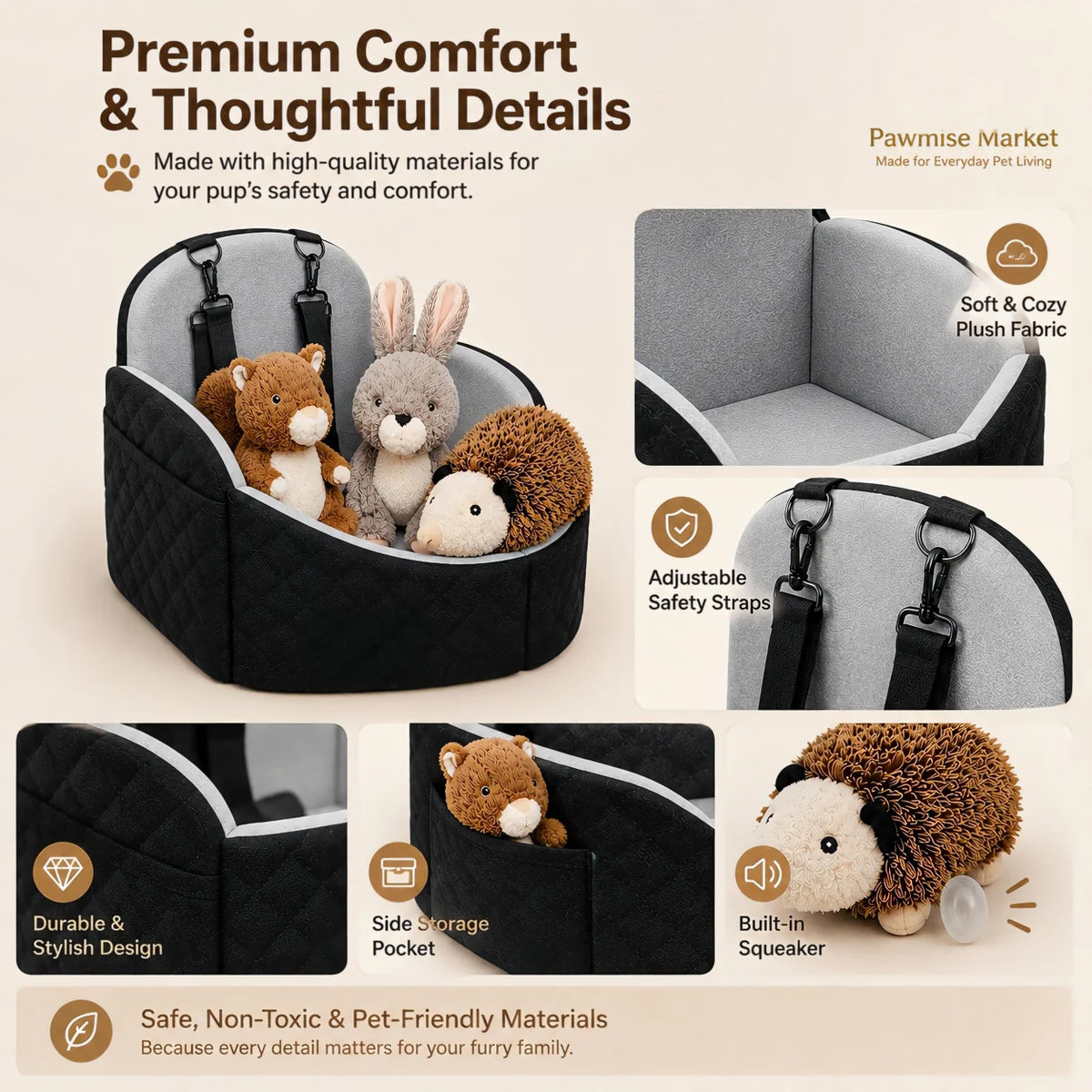 Cozy Dog Car Seat Travel Bed Set With Adjustable Straps