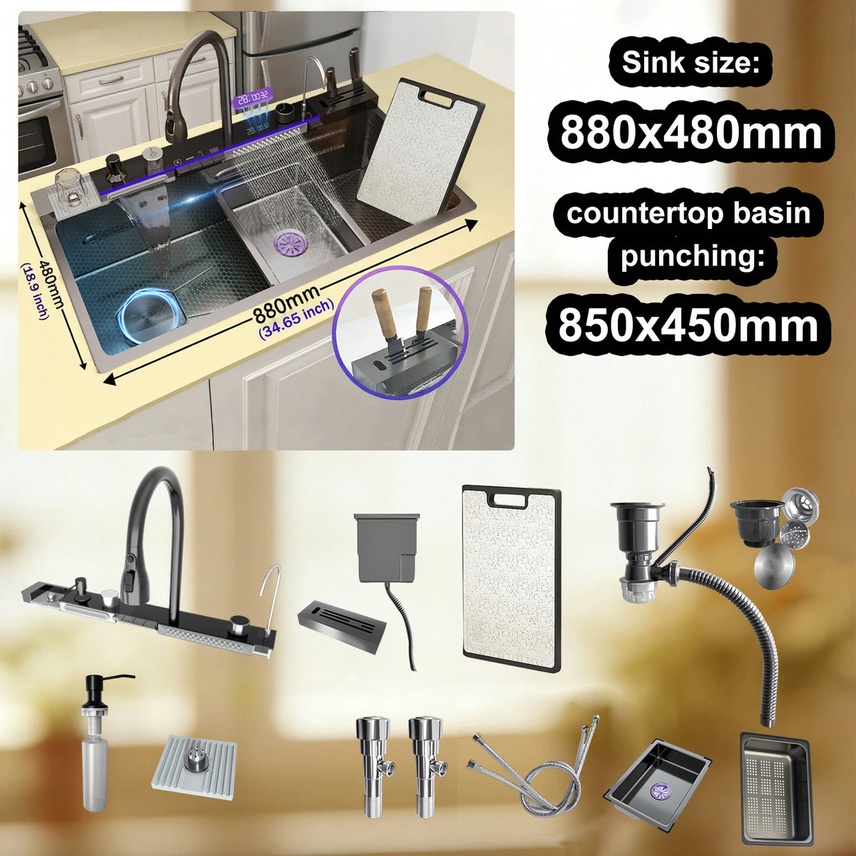 TELISIYA Stainless Steel Kitchen Sink With Waterfall Digital Display