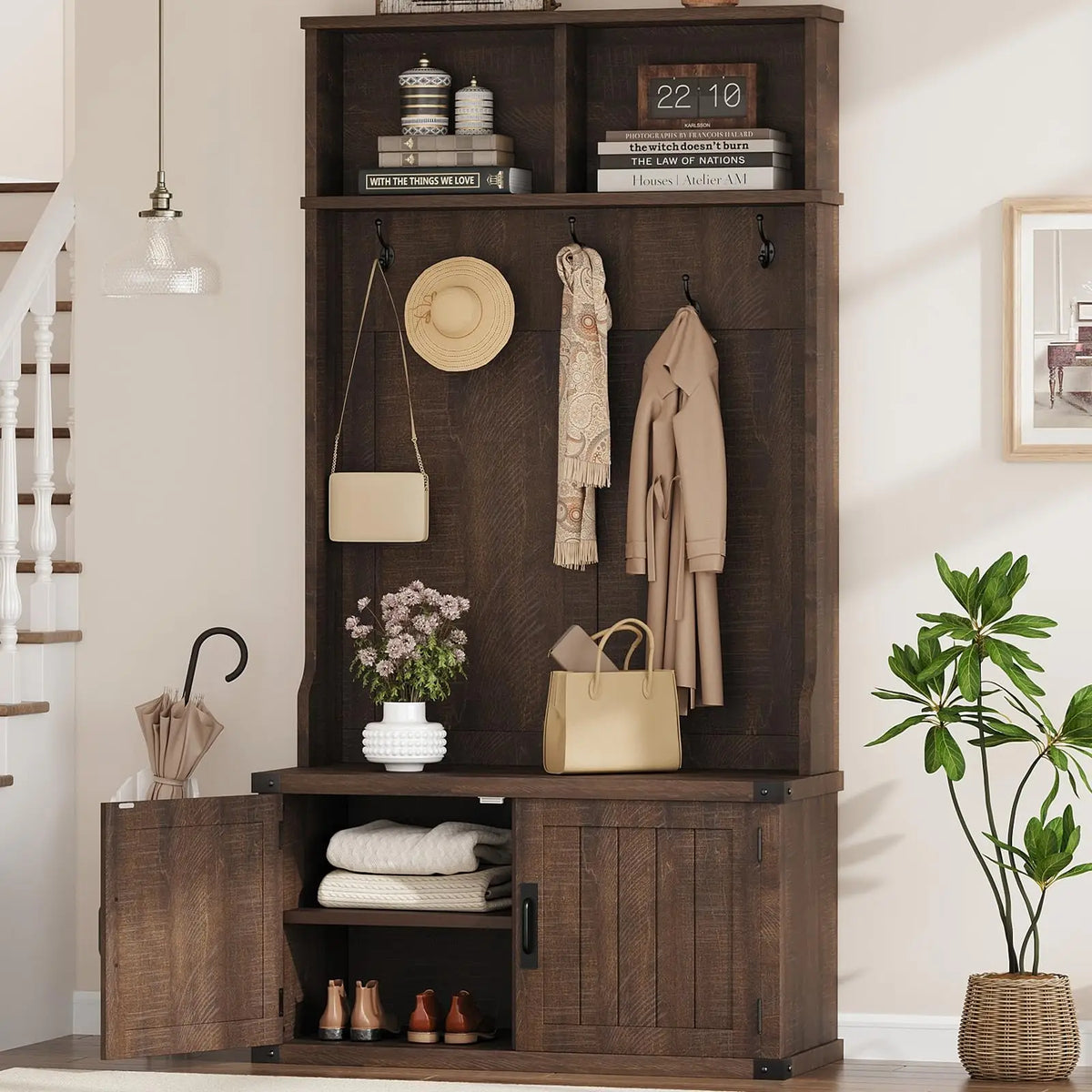 HiMISS Farmhouse Entryway Hall Tree With Bench And Shoe Storage