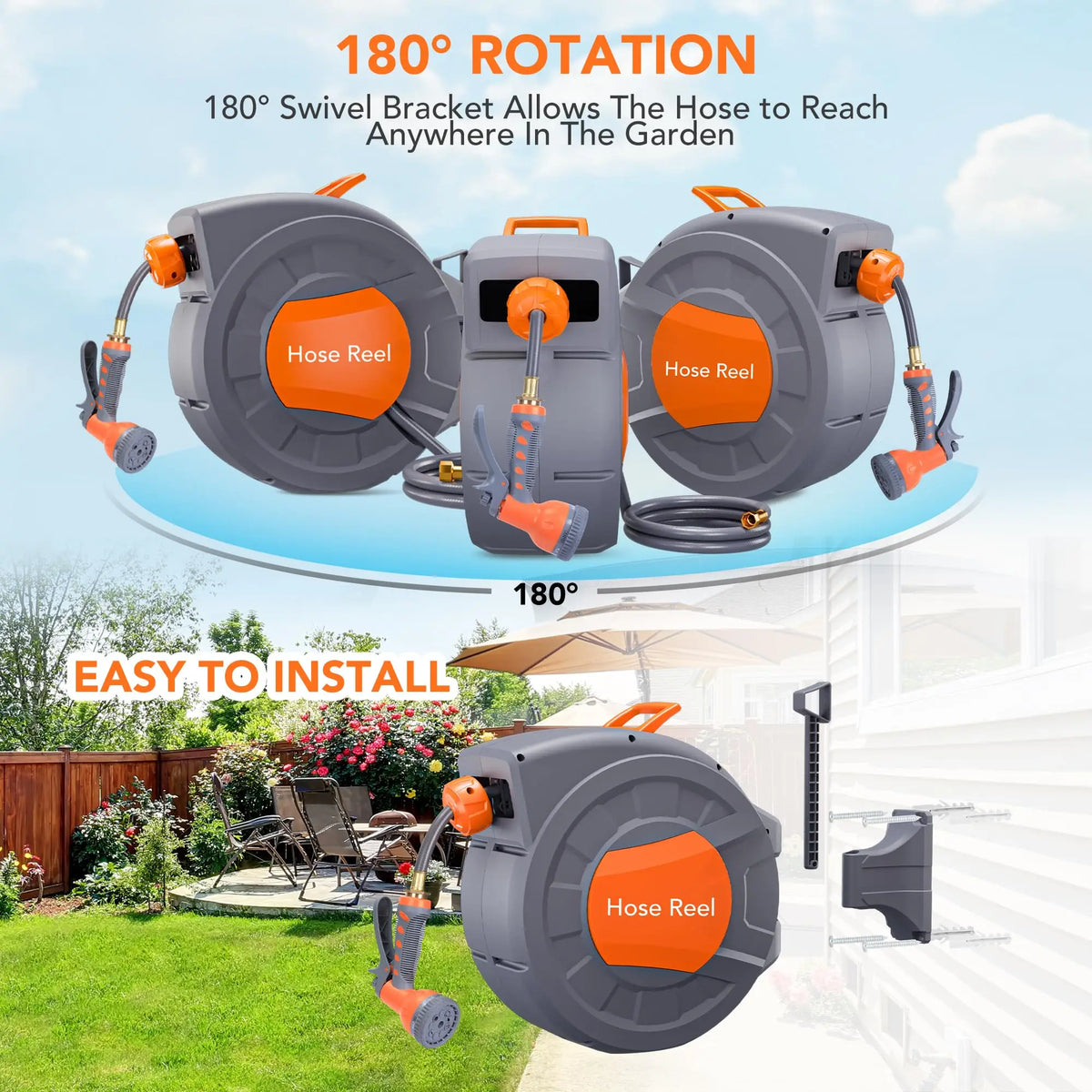 HiMISS Wall Mounted Retractable Garden Hose Reel With Auto Rewind