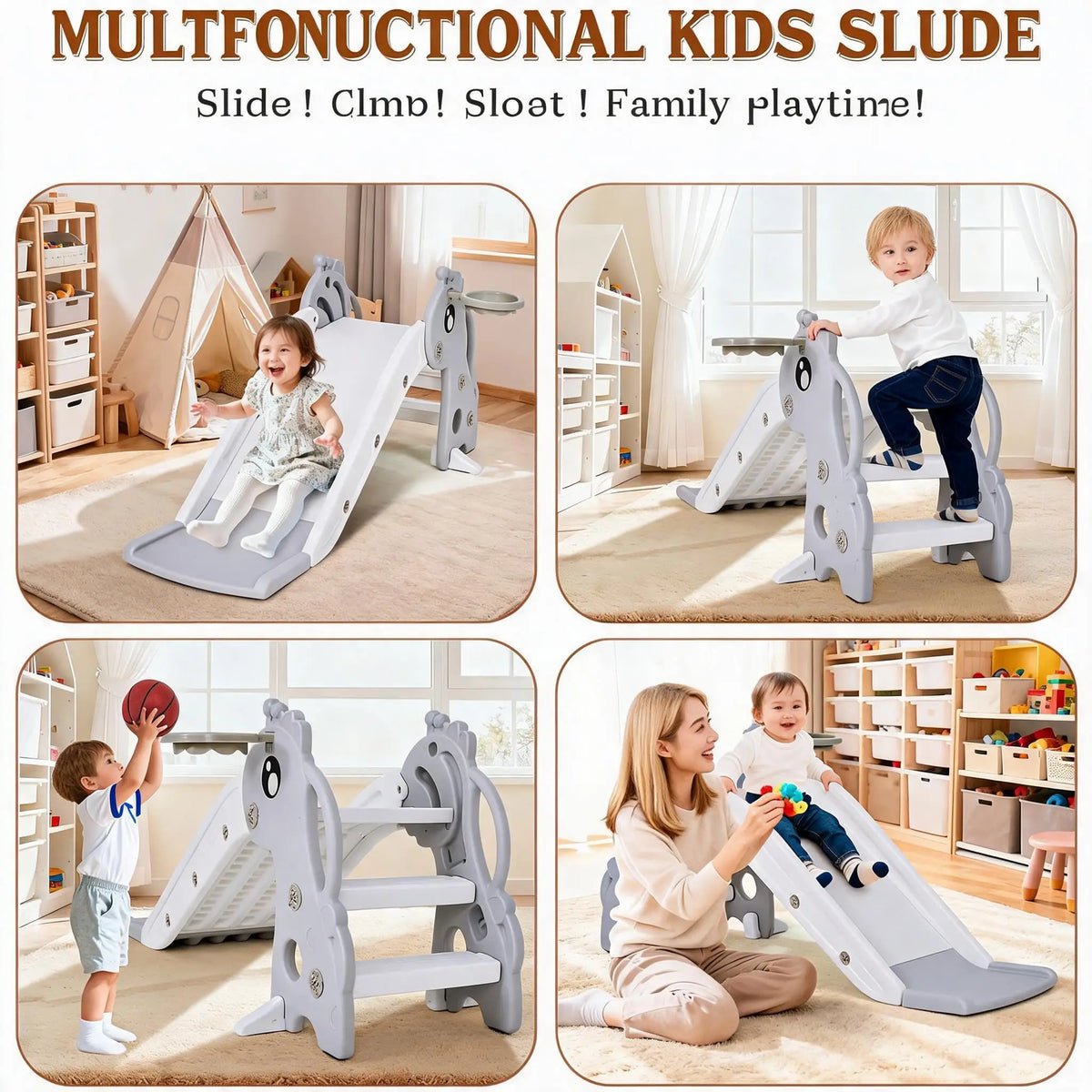 HiMISS Toddler Slide With Basketball Hoop And Climber Playset