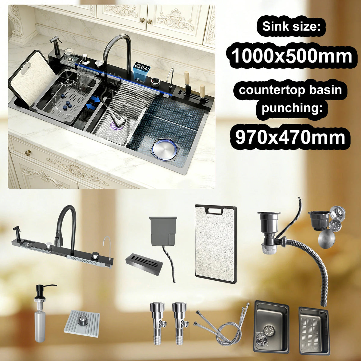 TELISIYA Stainless Steel Kitchen Sink With Waterfall Digital Display