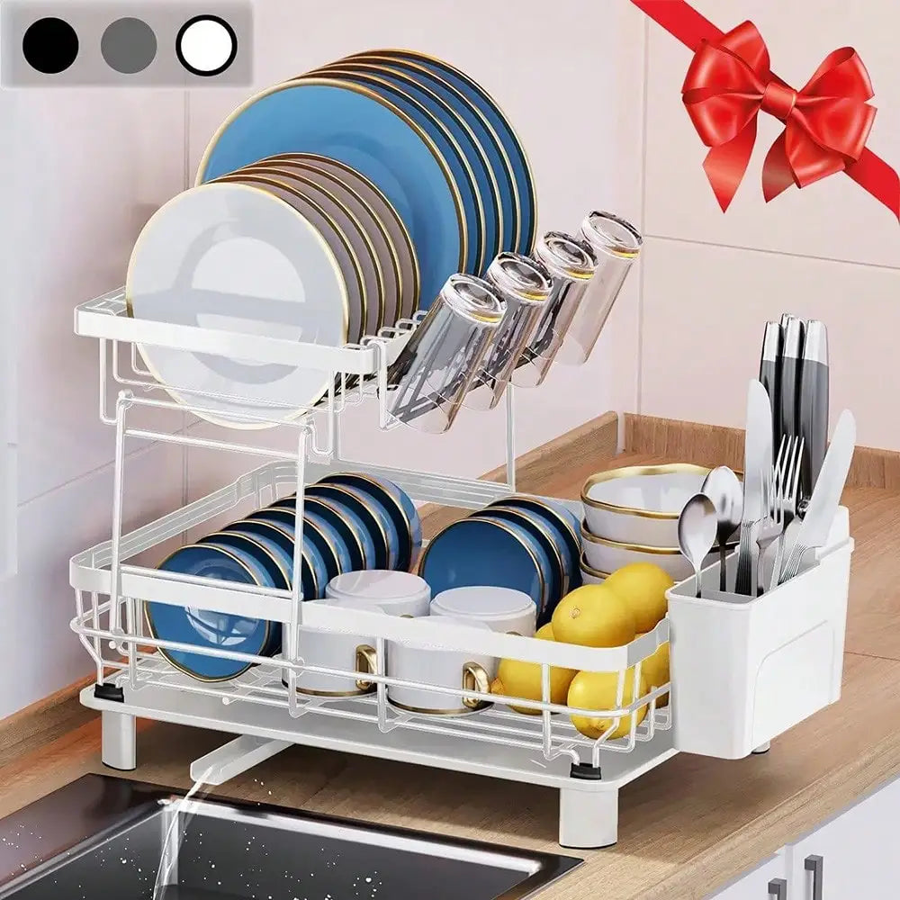 Modern Tiered Dish Drying Rack With Automatic Drainage System