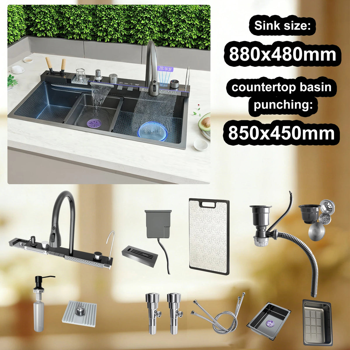 TELISIYA Stainless Steel Kitchen Sink With Waterfall Digital Display