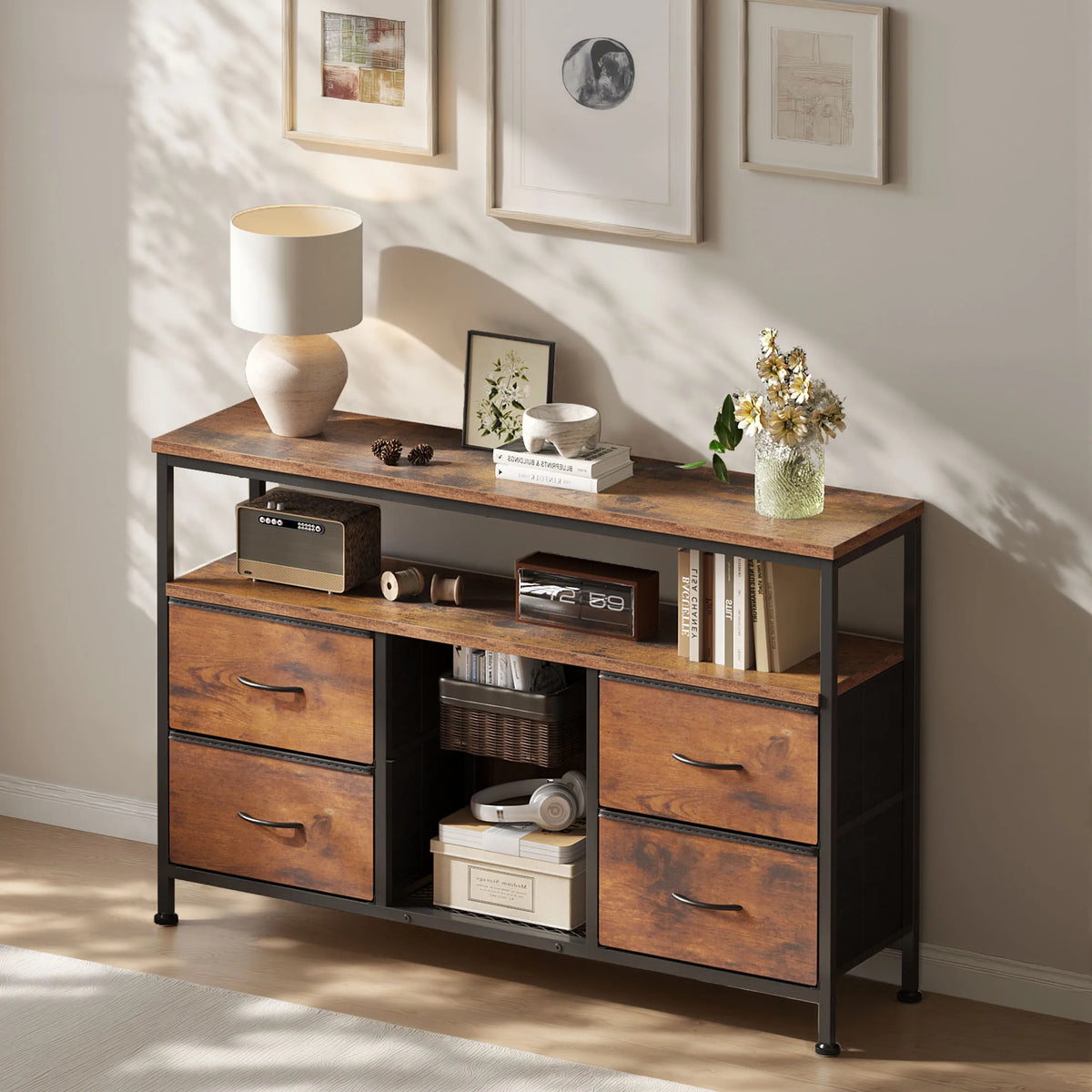 JHK TV Stand Dresser With LED Lights And Power Outlets