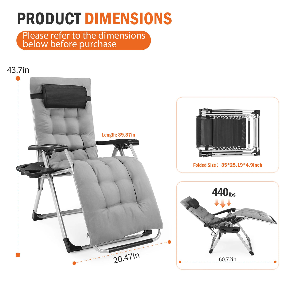 JHK Zero Gravity Folding Recliner With Cushion And Cup Holders