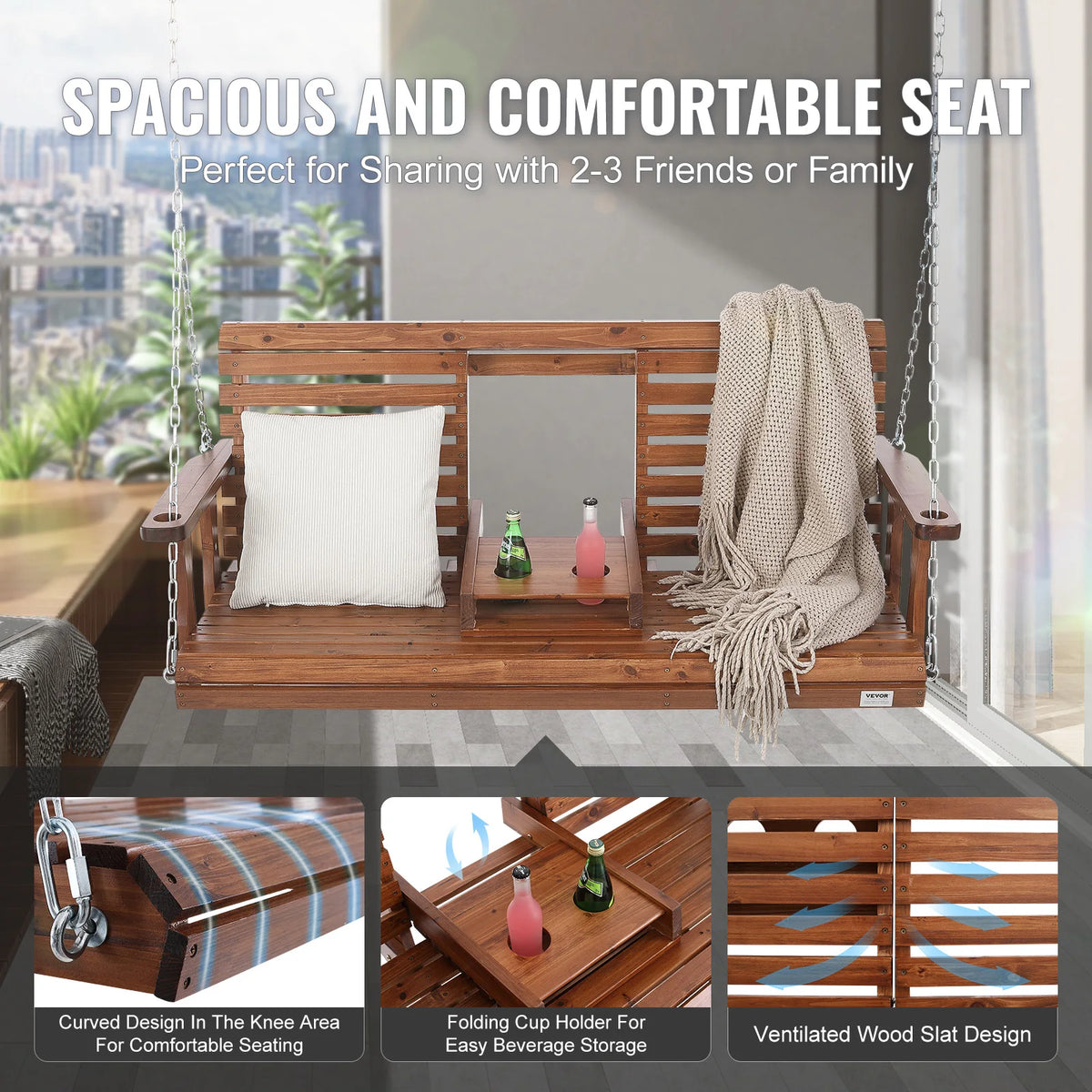 SucceBuy Wooden Porch Swing Bench for Patio Garden Outdoor Seating
