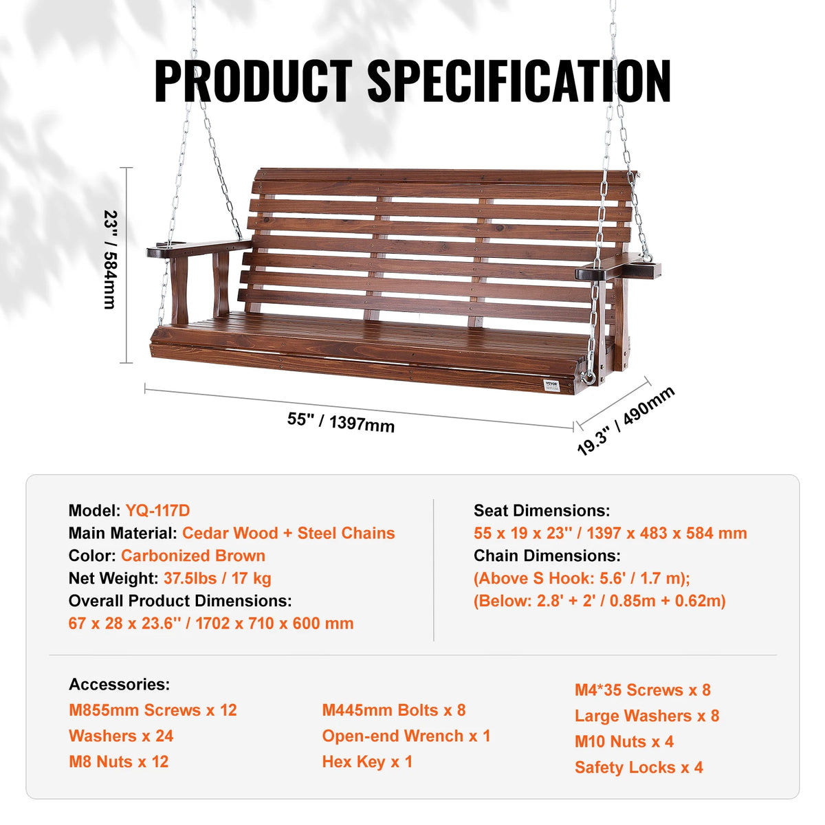 SucceBuy Wooden Porch Swing Bench for Patio Garden Outdoor Seating