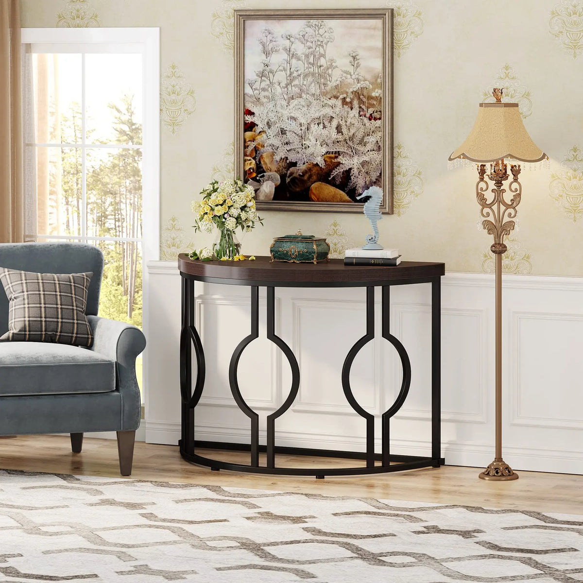 Tribesigns Half Moon Console Table With Geometric Base for Entryway