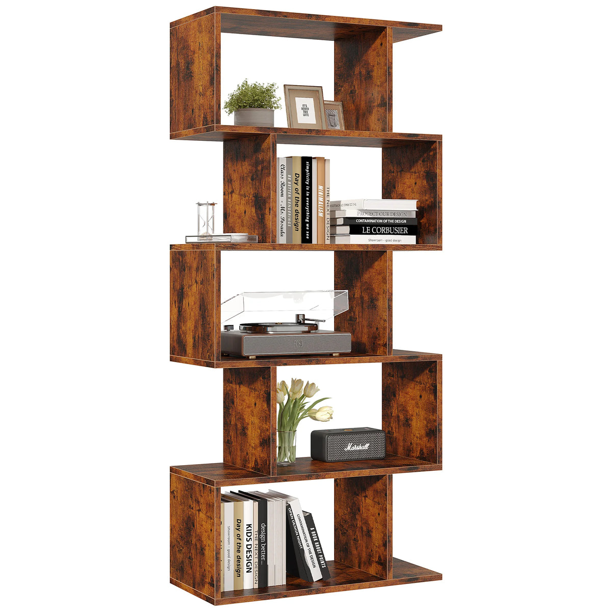 JHK Geometric S Shaped Five Tier Wooden Bookcase Display Shelf