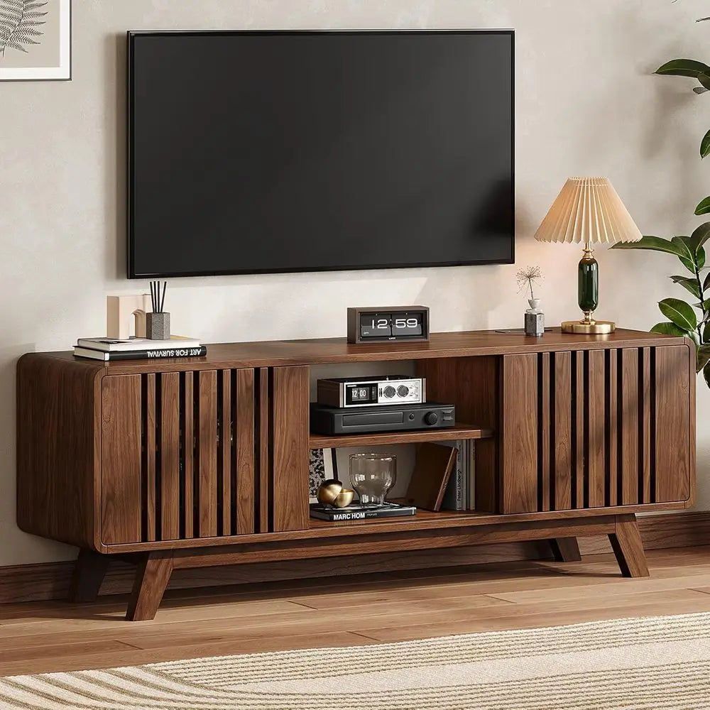 Modern TV Stand With Power Outlet And Sliding Grille Door