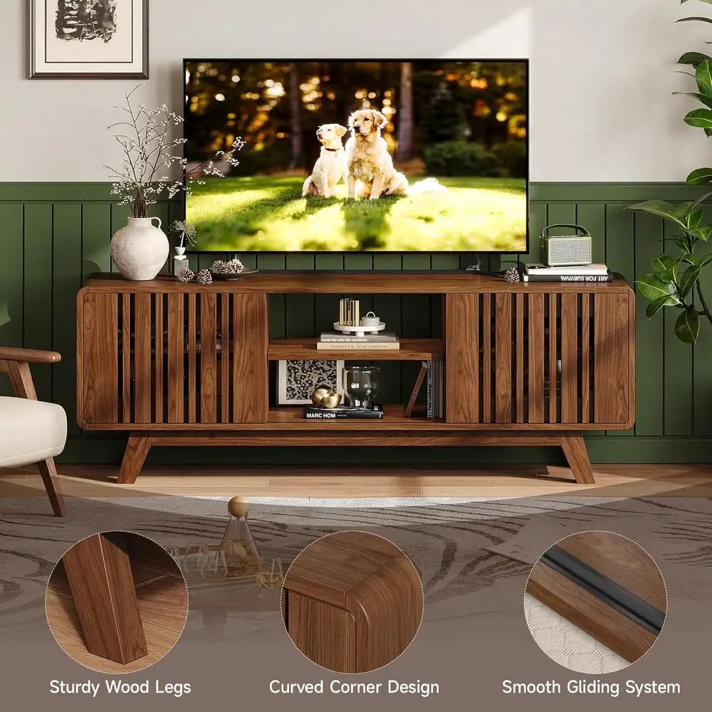 Modern TV Stand With Power Outlet And Sliding Grille Door