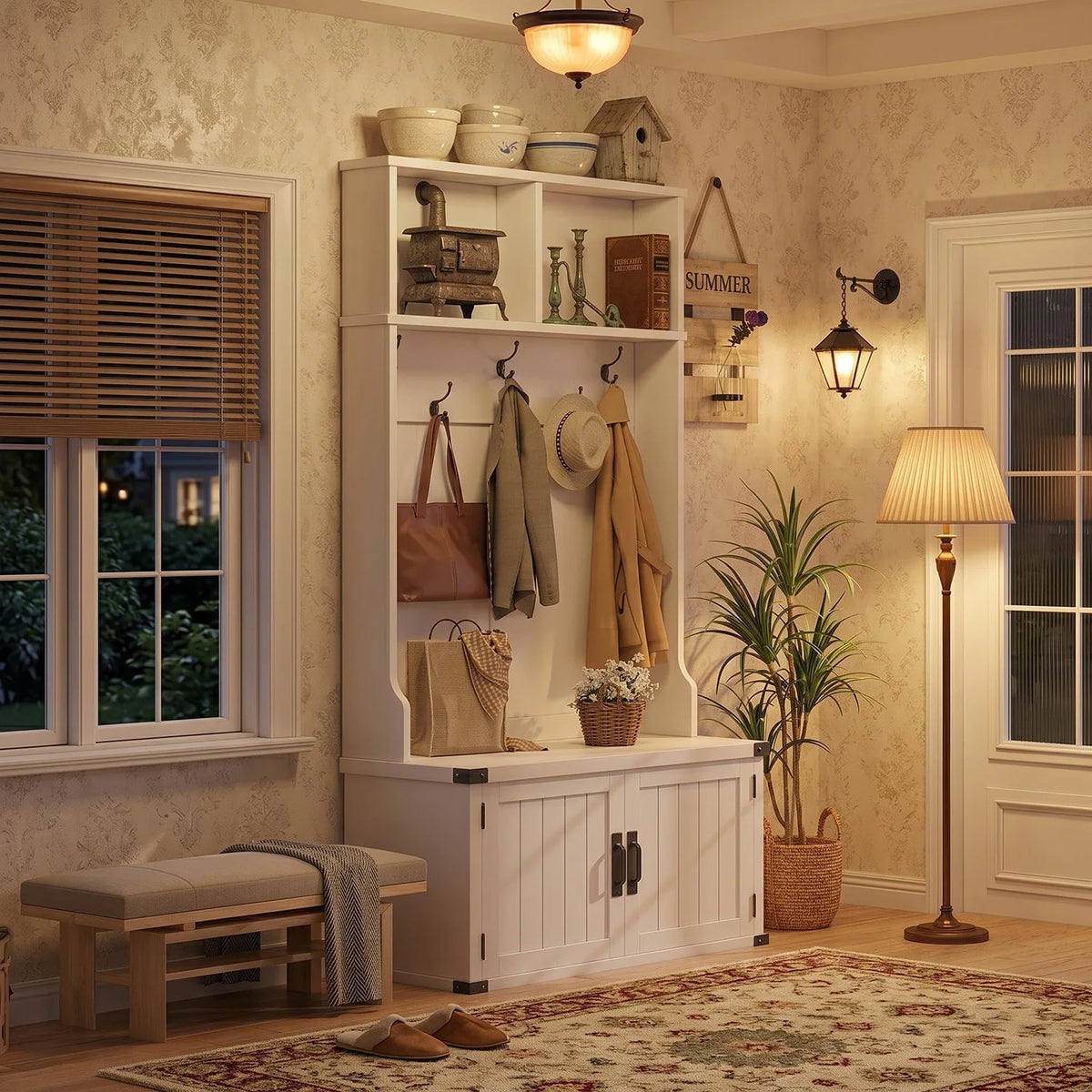 HiMISS Farmhouse Entryway Hall Tree With Bench And Shoe Storage