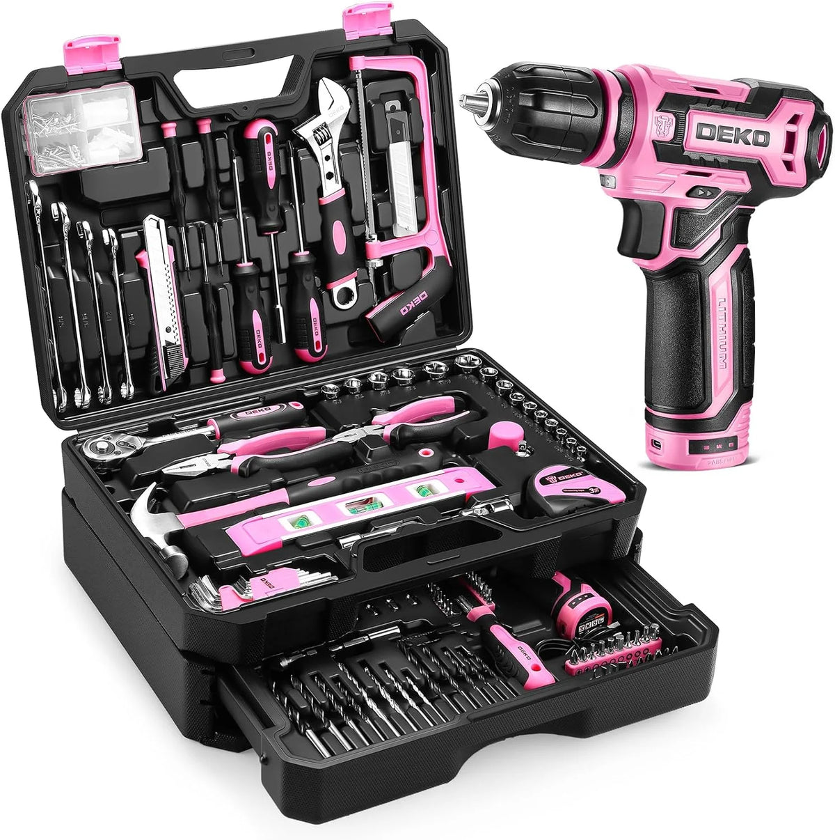 DEKO Mechanic Tool Set With Cordless Drill And Storage Case
