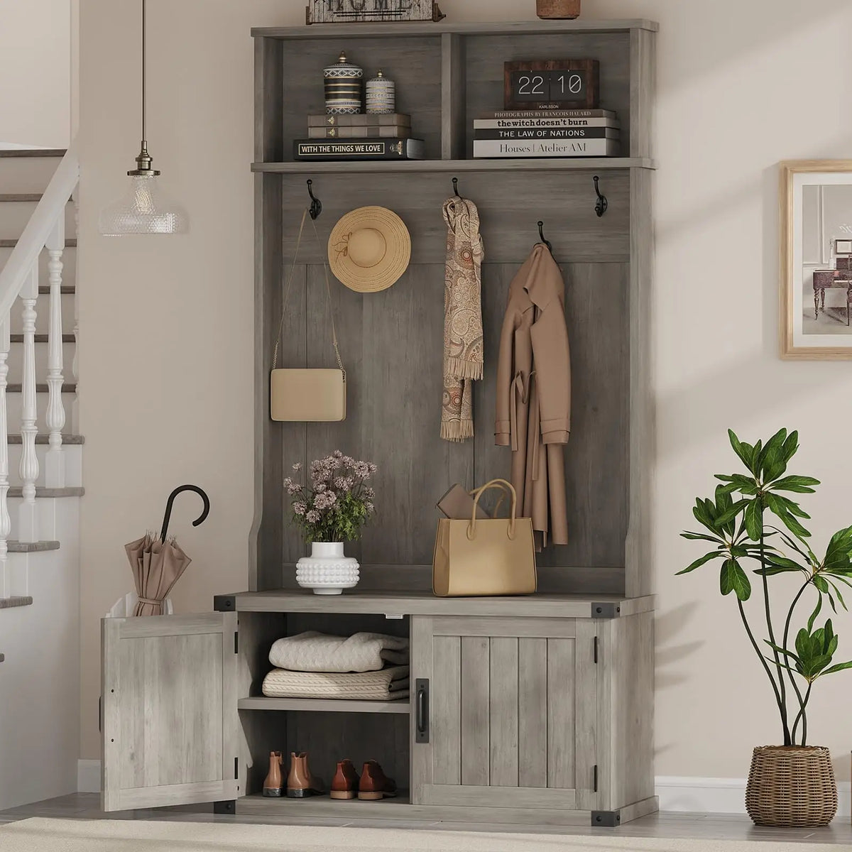 HiMISS Farmhouse Entryway Hall Tree With Bench And Shoe Storage