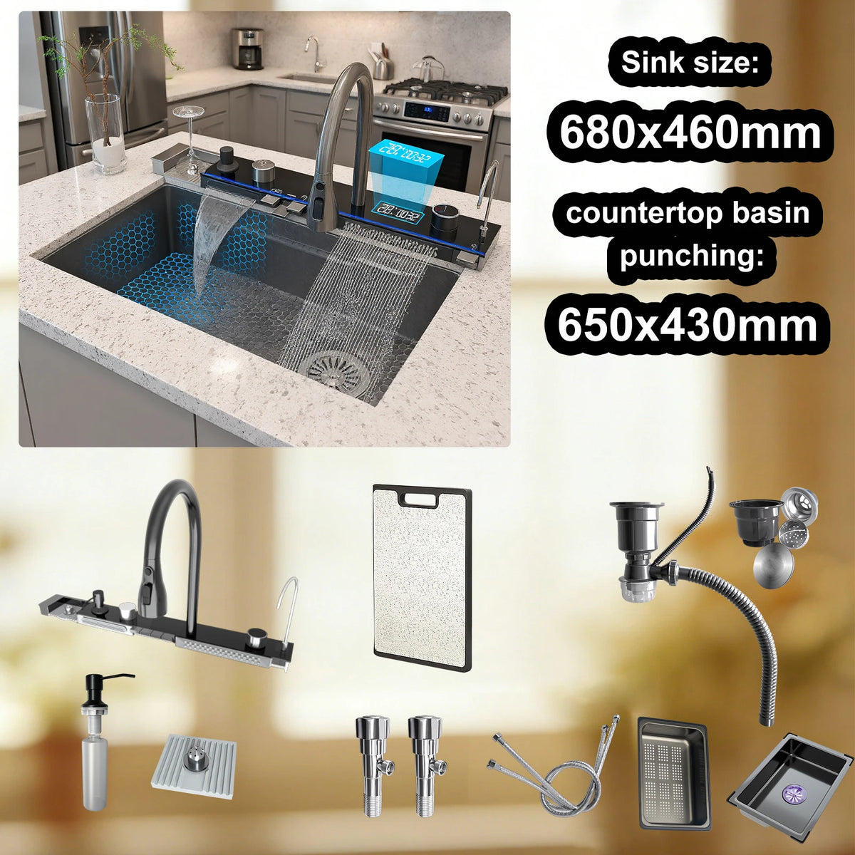TELISIYA Stainless Steel Kitchen Sink With Waterfall Digital Display