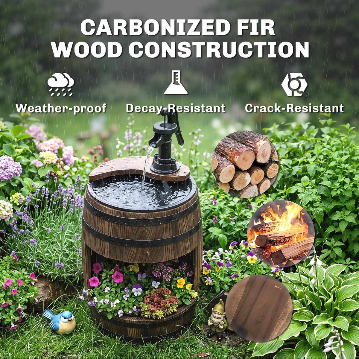 Outsunny Wooden Water Pump Fountain for Outdoor Garden Patio Decor